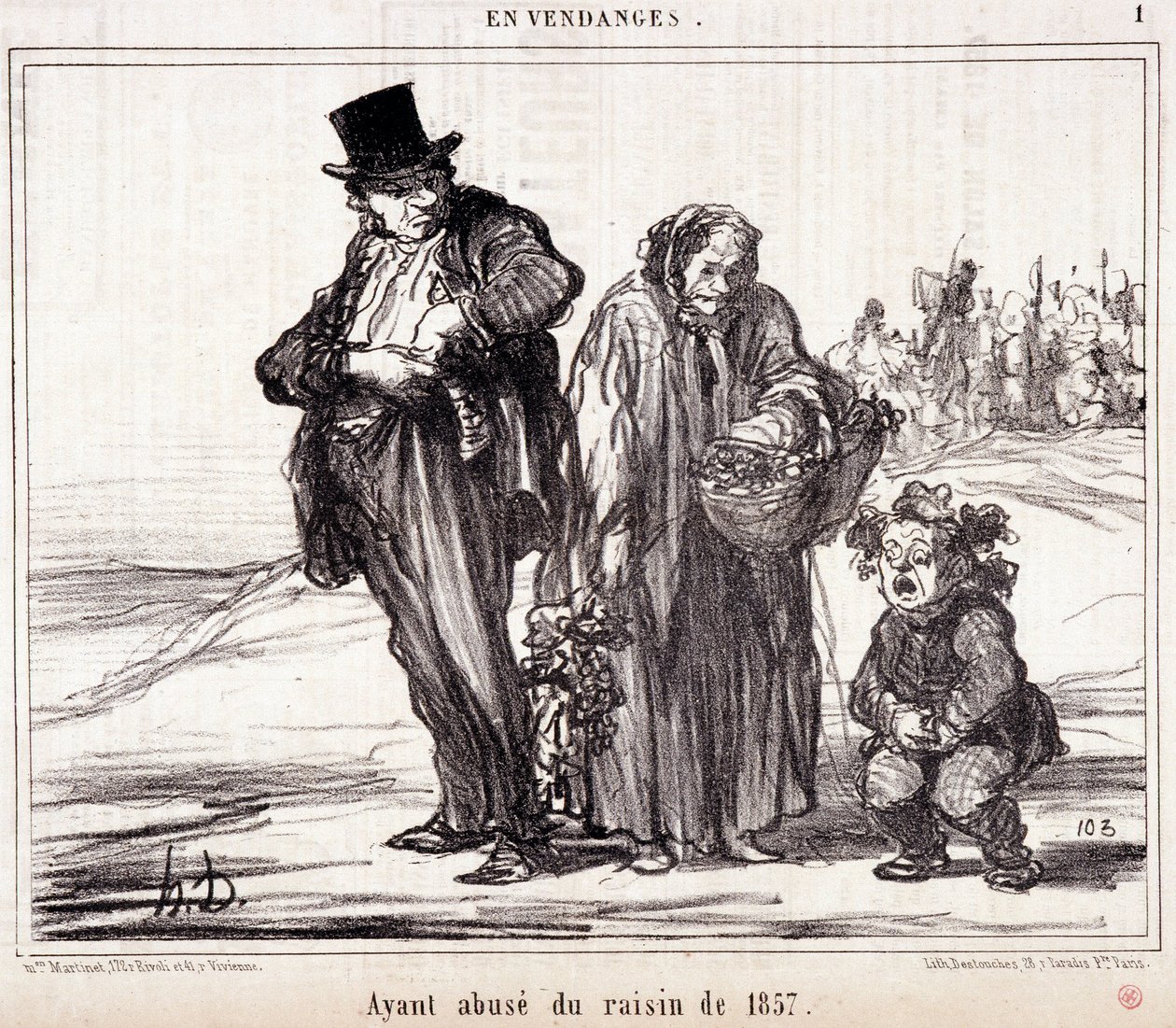 Tegneserie om vindyrking. Serie “” Autumn Sketch””: “” In Harvest. Har misbruk av druene fra 1857"" Gravering av Honore DAUMIER (1808-1879). Utdrag fra avisen "" Le Charivari"" 16. oktober av Honoré Daumier