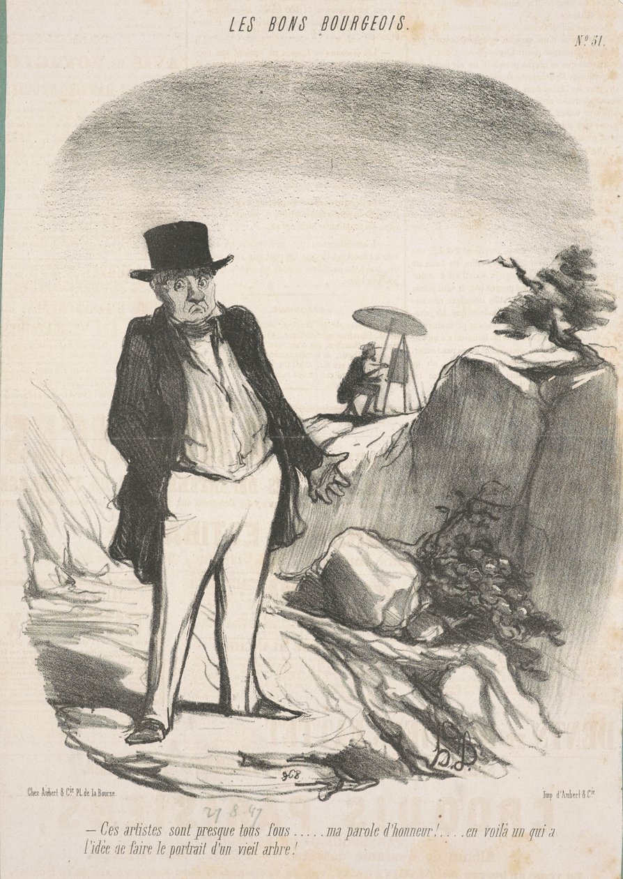 Disse artistene er nesten alle gale. . . Mitt æresord! . . . Her er noen som har ideen om å male portrettet av et gammelt tre! av Honoré Daumier