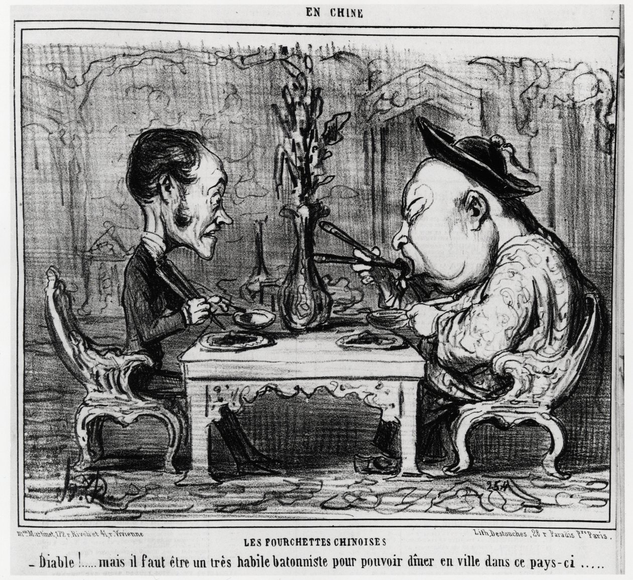Kinesiske gafler: "" Djevelen! men du må være en veldig dyktig batonist for å kunne spise på byen her i landet. "", i serien En Chine, illustrasjon av Honore Daumier (1808-1879), publisert i "" Charivari"" av Honoré Daumier