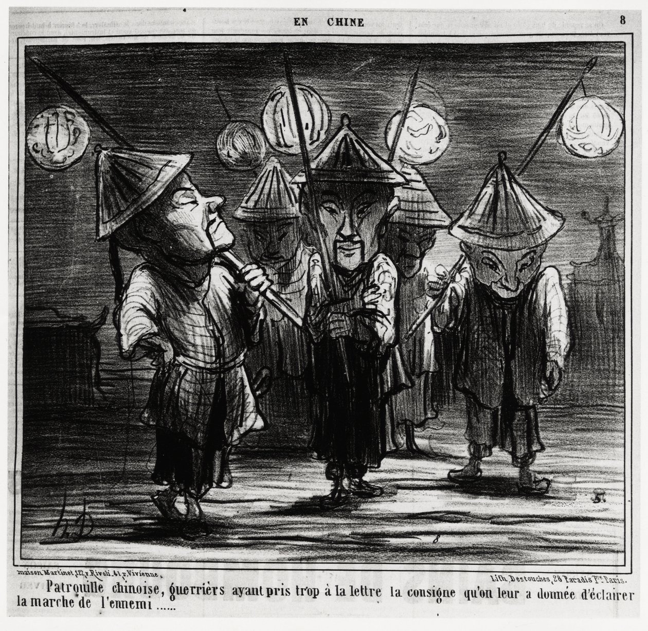 Kinesisk patrulje, krigere som hadde tatt for mye til punkt og prikke instruksjonene de hadde fått om å lette fiendens marsj. I serien En Chine, illustrasjon av Honore Daumier (1808-1879), publisert i "" Charivari"", datert 25. januar av Honoré Daumier