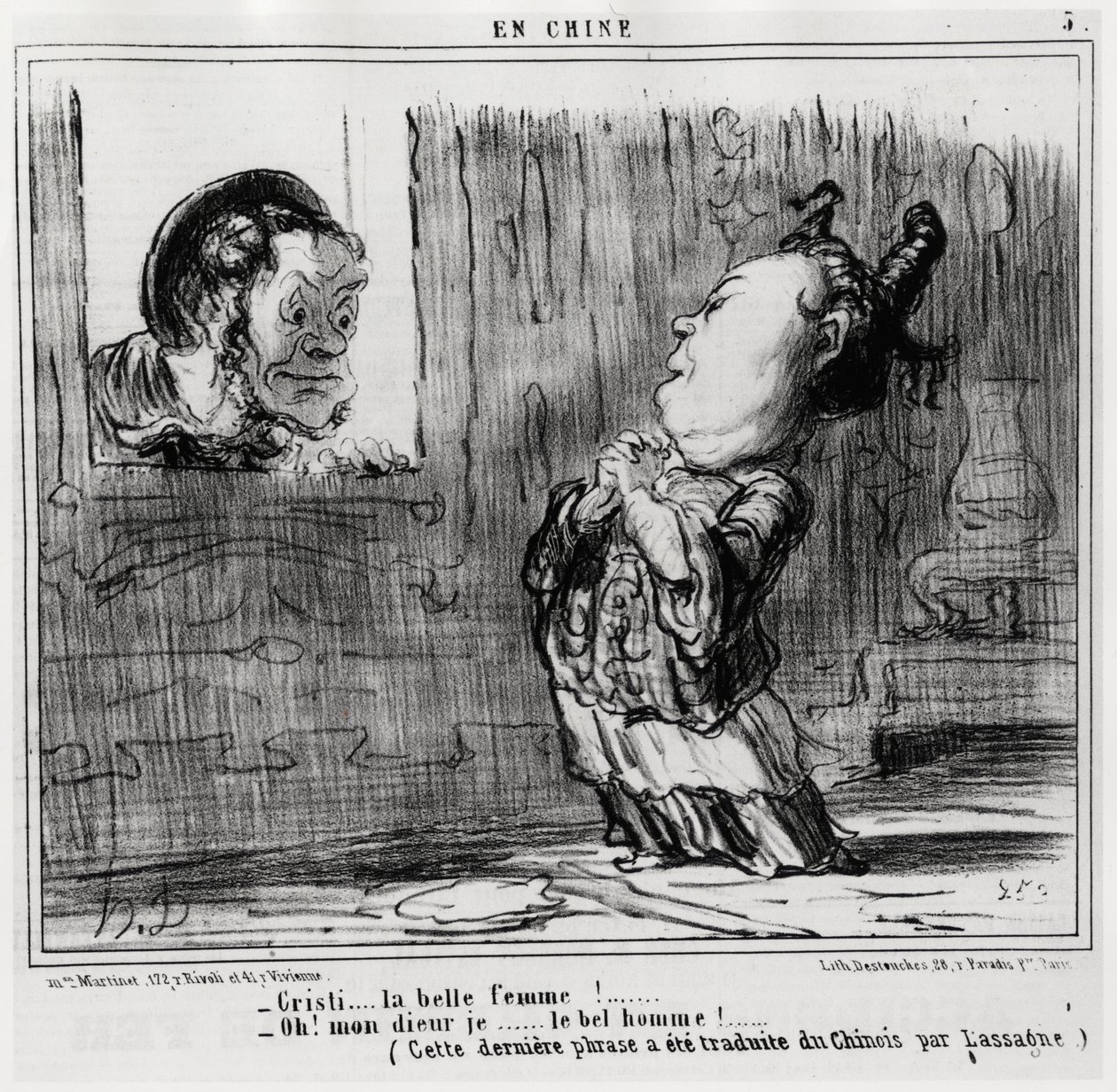Christi, den vakre kvinnen! ; "" Åh! Gud, jeg... Den kjekke mannen!» (Denne siste setningen er oversatt fra kinesisk av Lassagne.), i serien En Chine, illustrasjon av Honore Daumier (1808-1879), publisert i "Charivari" av Honoré Daumier