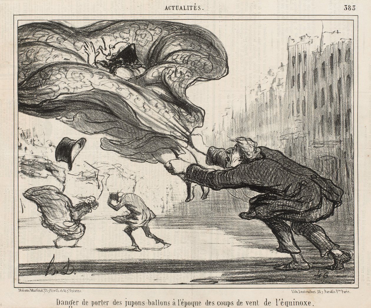 Fare for å bruke ballongunderkjoler under jevndøgnstormene, publisert 3. april av Honoré Daumier