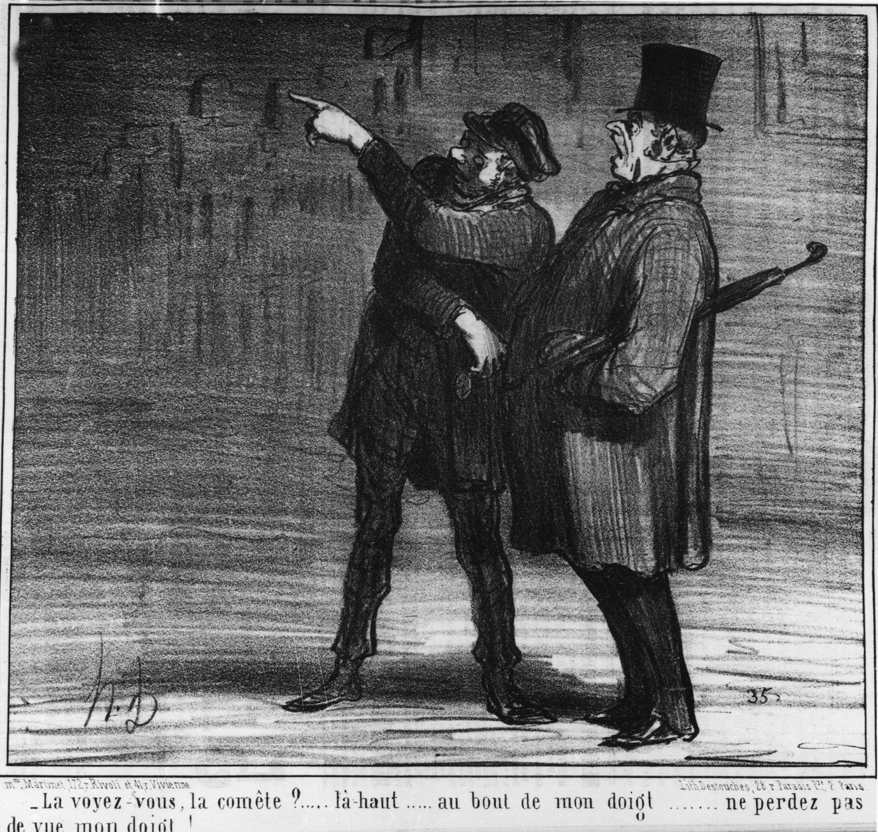 Ser du kometen? opp... ved enden av fingeren min... ikke mist fingeren av syne!... , tegneserie av Honore Daumier (1808-1879). “Charivari” av Honoré Daumier