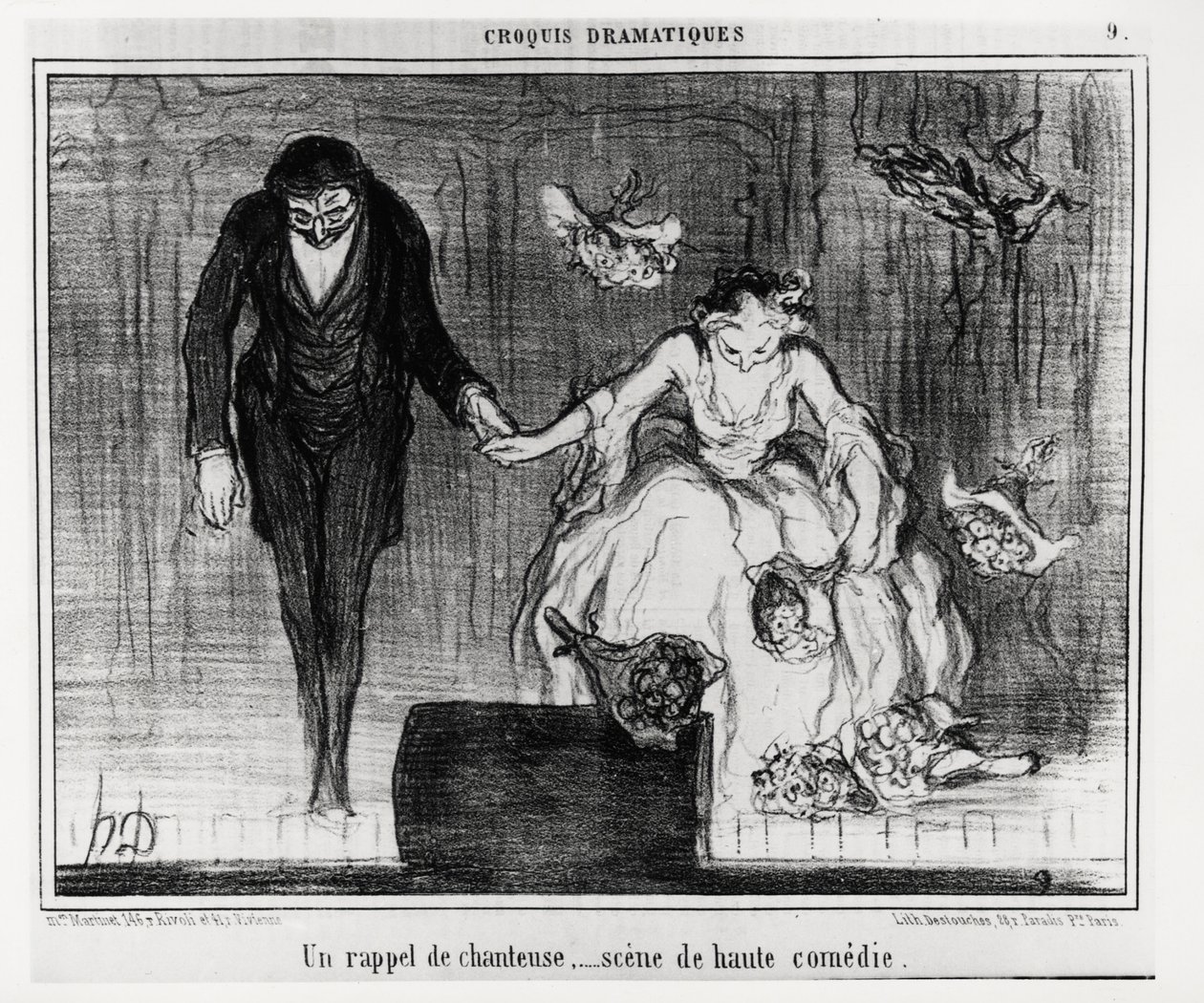 Dramatiske sketsjer: en sangerpåminnelse, høykomediescene. Illustrasjon av Honore Daumier (1808-1879), publisert i "" Charivari", datert 9. januar av Honoré Daumier