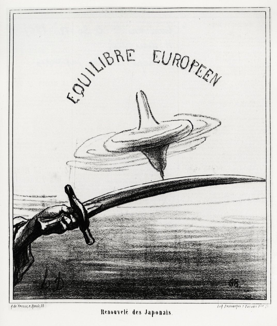 Europeisk balanse: Japansk vekkelse. Like etter gjenopprettingen av det keiserlige regimet i Japan, etter at Tokugawa-shogunaen trakk seg i november 1867. Illustrasjon d
