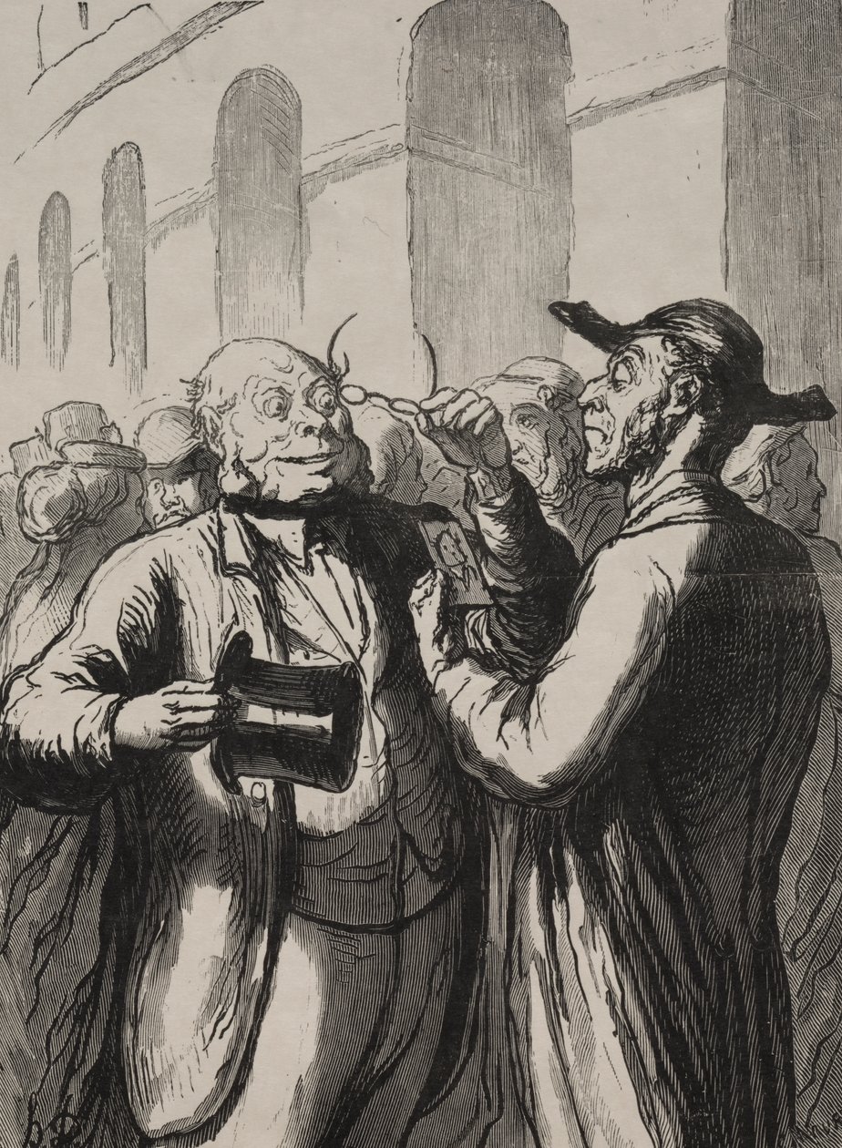 Universell utstilling: Inspeksjon av fotografier ved turnstiles. De skallede må ta av seg hatten og de nærsynte brillene. av Honoré Daumier