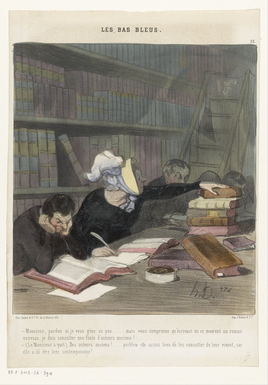 Figurer bak et lesebord i et offentlig bibliotek Les Bas Bleus (serietittel på objekt) av Honoré Daumier