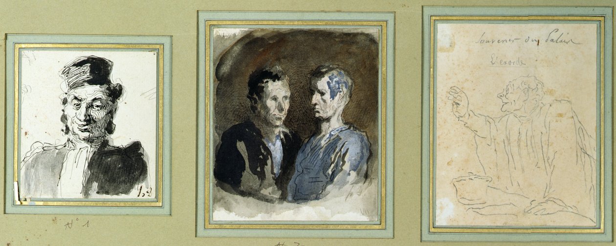 Forfra av en advokat, to tiltalte og en saksøker (blyant, vask, wc og blekk på papir) av Honoré Daumier