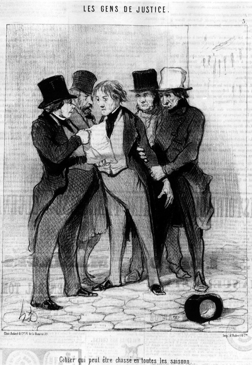 Vilt som kan jaktes på alle årstider, hentet fra «Gens de Justice», serie med tegneserier om Justice av Honore Daumier (1808-1879). “Charivari” av Honoré Daumier