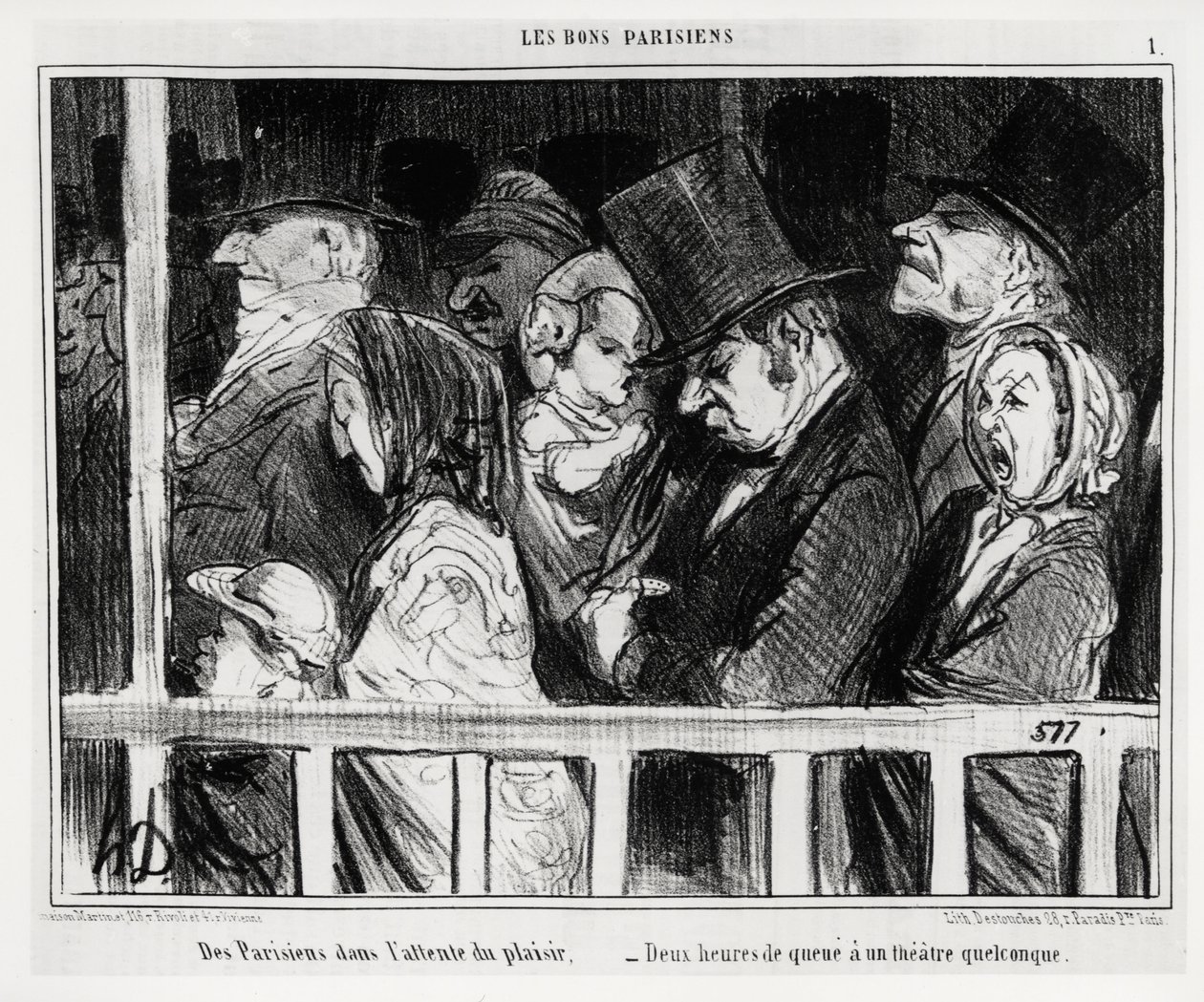 Gode parisere: Parisere venter på moro, to timer med hale har en slags teater. Illustrasjon av Honore Daumier (1808-1879), publisert i "" Charivari", datert 5. mars av Honoré Daumier