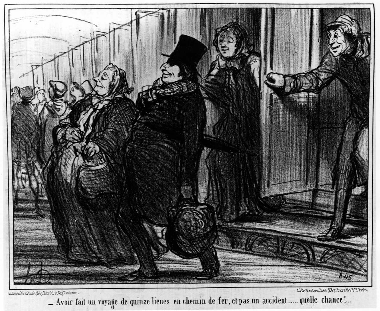 Etter å ha laget en femtenmils jernbane, og ikke en ulykke... for en sjanse!... : fra "Actualites", serie med tegneserier om jernbanene til Honore Daumier (1808-1879). “Charivari” av Honoré Daumier