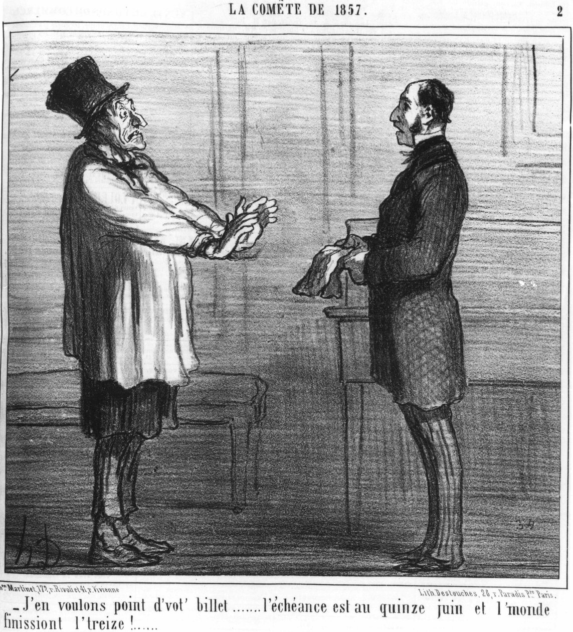 Jeg vil ikke ha billetten din... utvekslingen er 15. juni og verden ender de tretten!... : serie hentet fra "" la comete de 19857"", av Honore Daumier (1808-1879). “Charivari” av Honoré Daumier