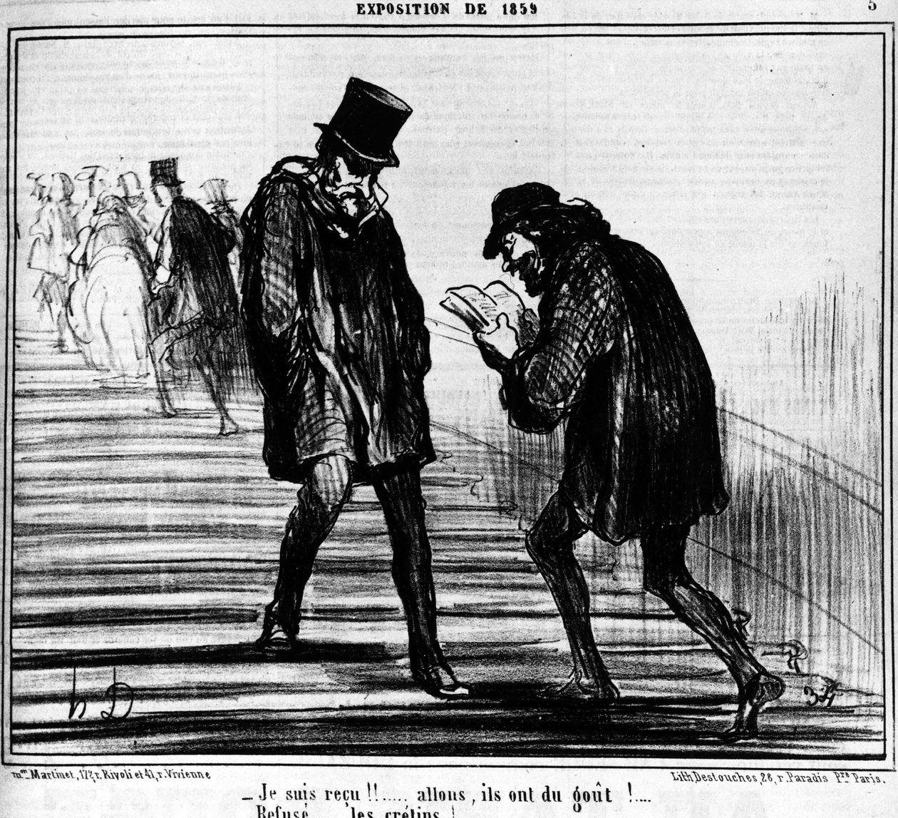 Jeg er mottatt!!... Kom igjen, de smaker!... - Nekt... idioter! , hentet fra "" Paintings and Salons", tegneserieserie av Honore Daumier (1808-1879). “Charivari” av Honoré Daumier