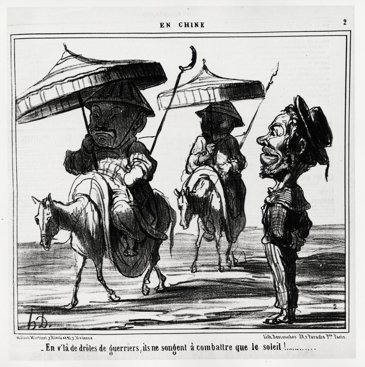 I disse morsomme krigerne tenker de bare på å kjempe mot solen. I serien En Chine, illustrasjon av Honore Daumier (1808-1879), publisert i "" Charivari"", datert 8. januar av Honoré Daumier