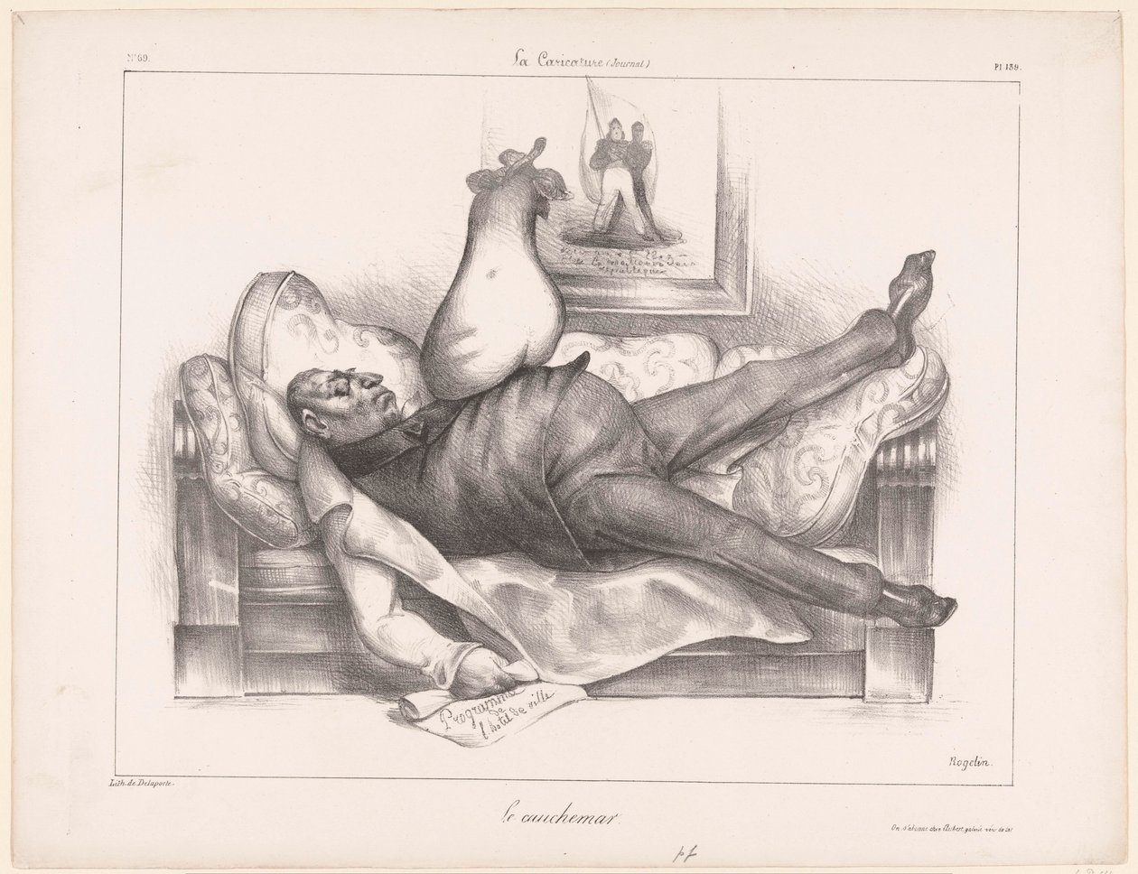 Karikatur av Gilbert du Motier, Marquis de la Fayette, under et mareritt Le cauchemar (tittel på objekt) av Honoré Daumier