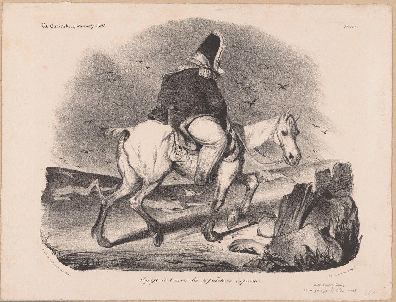 Karikatur av Louis Philip I, konge av Frankrike på hesteryggen blant likene Voyage à travers les populations empressées (tittel på objekt) av Honoré Daumier
