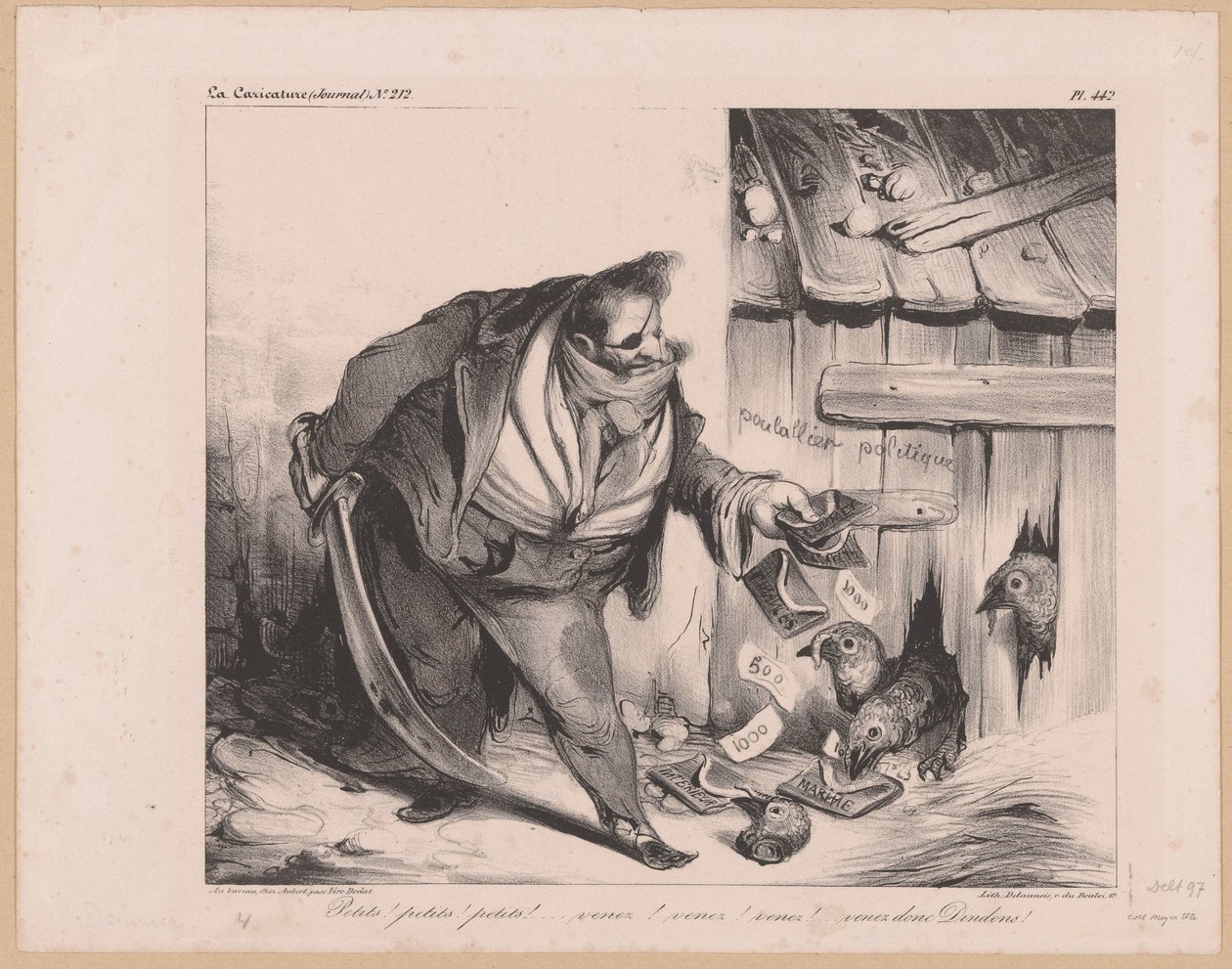 Karikatur av kong Louis Philip I av Frankrike som en banditt Petits! petits! petits! (...) Venez donc dindons! (tittel på objekt) av Honoré Daumier