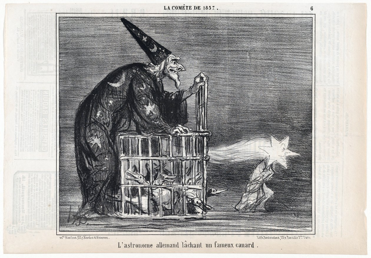 Kometen fra 1857, "Den tyske astronomen slipper en berømt and", fra Le Charivari, pub. 1858 (gravering) av Honoré Daumier