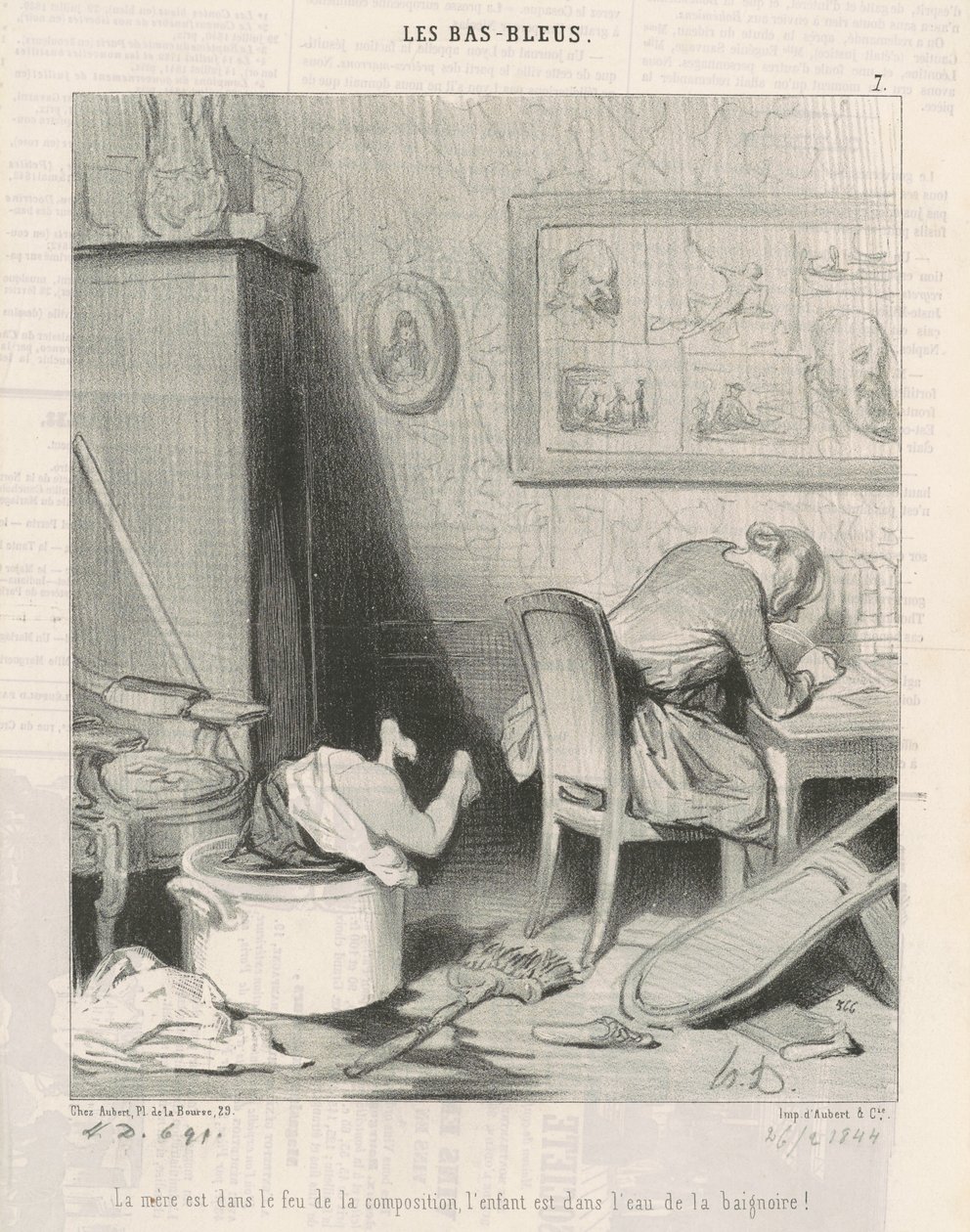 Moren i komposisjonens ild, barnet er i vannet i badekaret! av Honoré Daumier