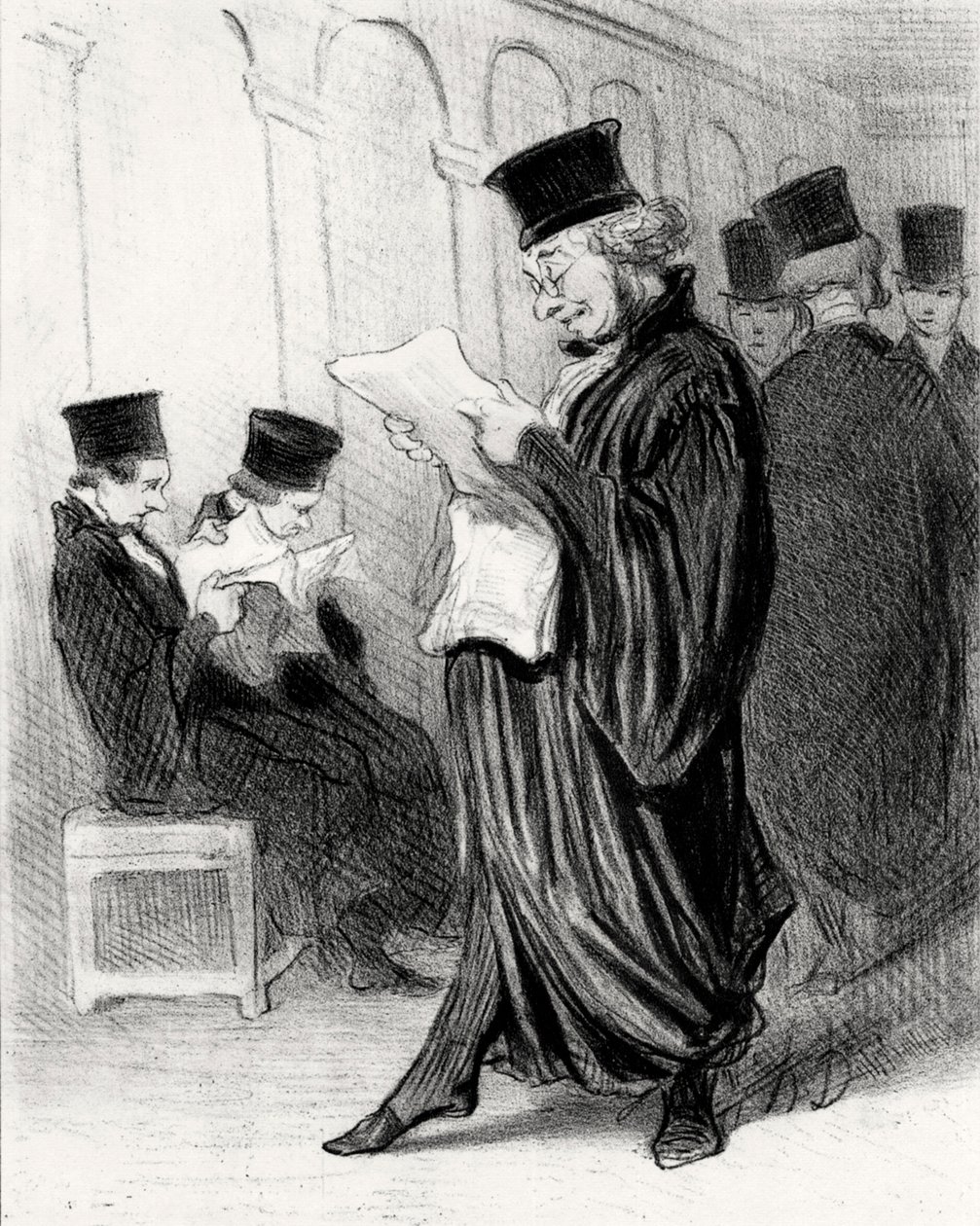 Advokat Chabotard mens han leste i et juridisk tidsskrift en lovtale om seg selv, 1846. av Honoré Daumier