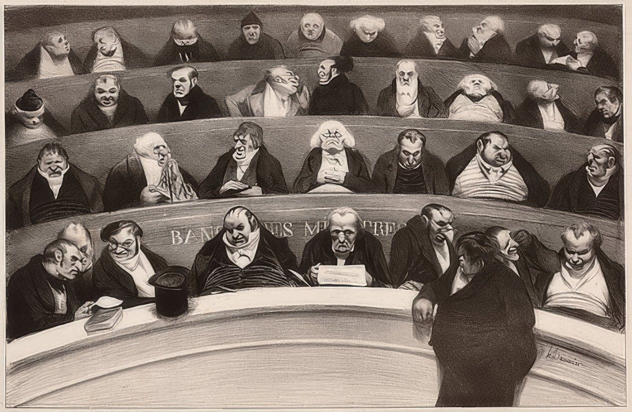 Le Ventre législatif. Aspects des bancs ministériels de la chambre improstituée de 1834 / Den lovgivende magen. Utsikt over skapbenkene til det ikke-prostituerte kammeret fra 1834. 1834 av Honoré Daumier
