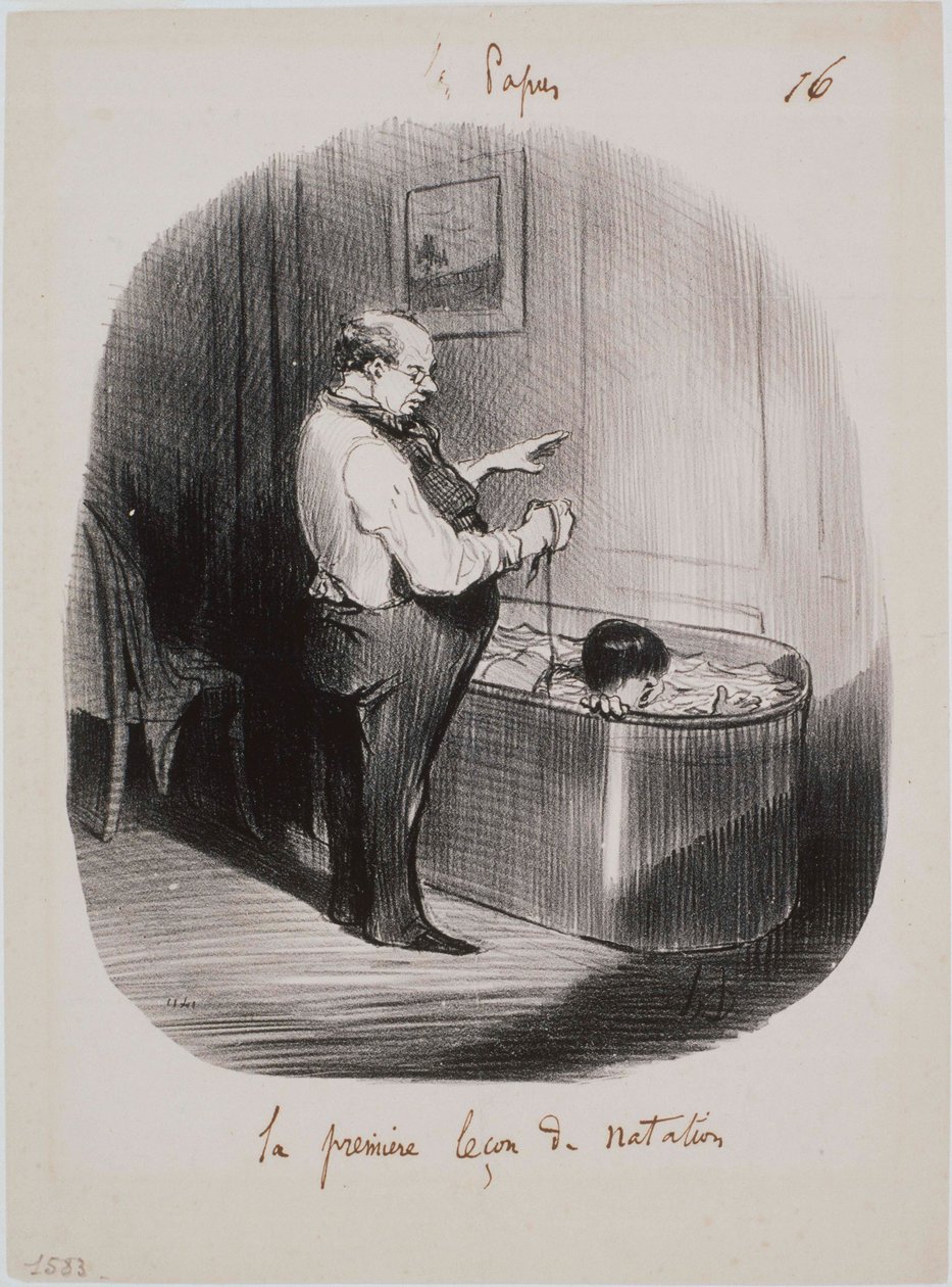 Les Papas- Den første svømmetimen av Honoré Daumier