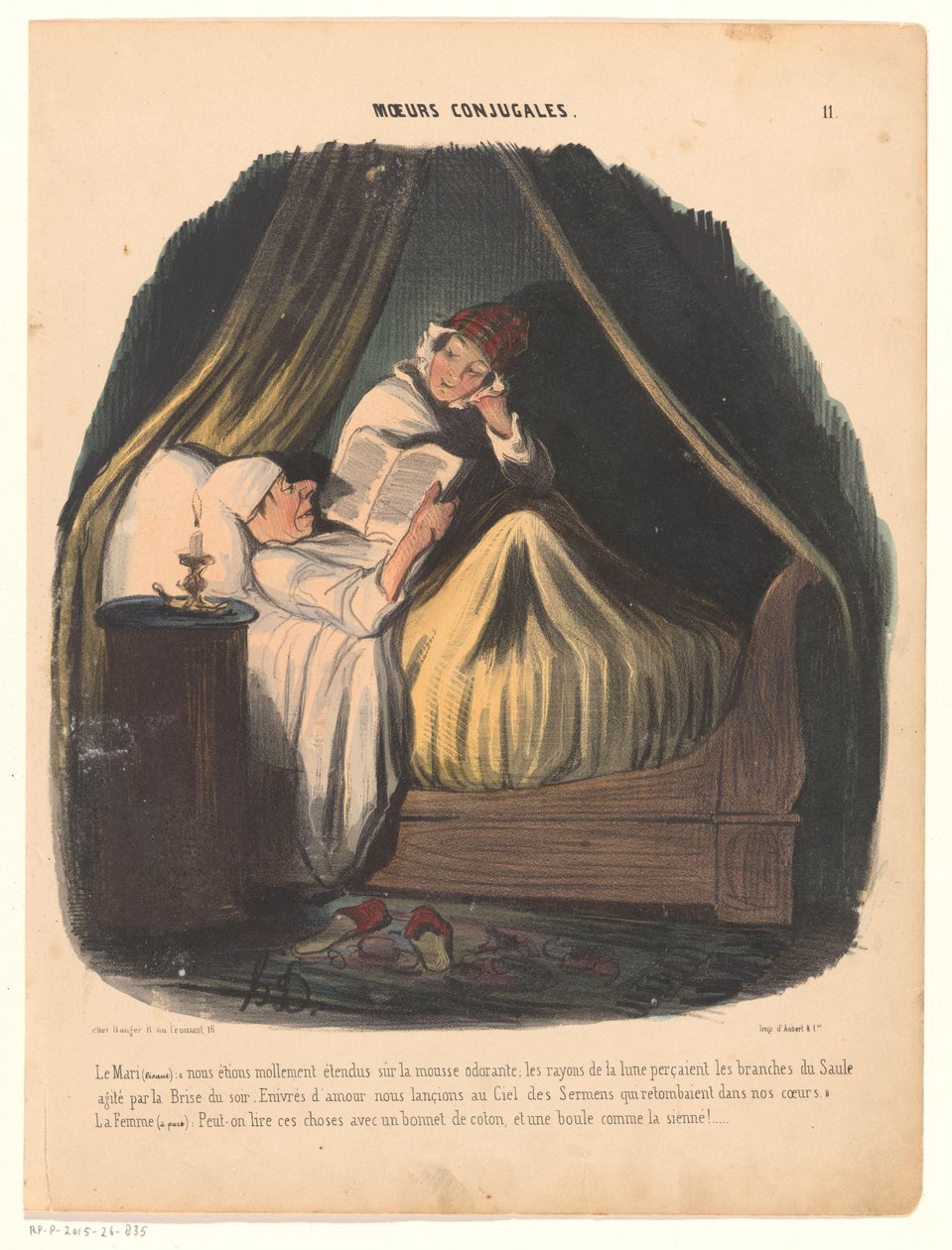 Mann leser i sengen med kona ved siden av seg Ekteskapsvaner (serietittel) Moeurs conjugales (serietittel på objekt) av Honoré Daumier