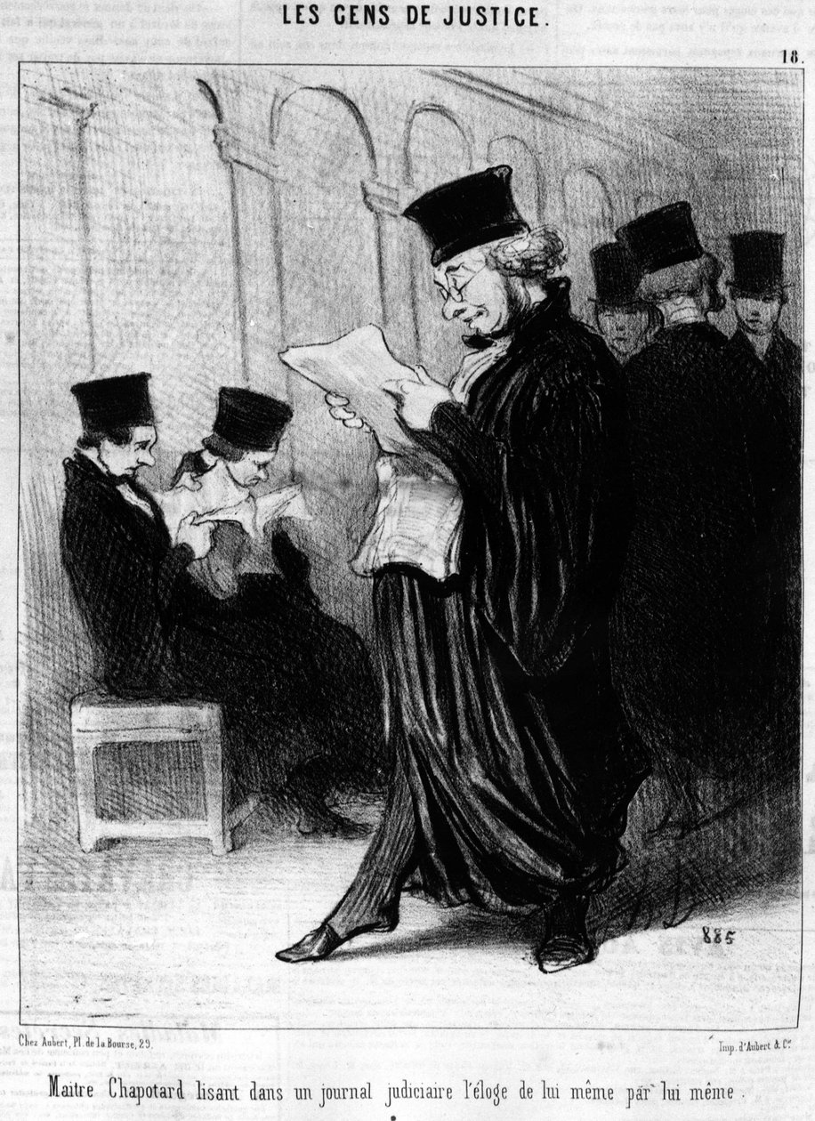 Maitre Chapotter leser i en rettsjournal ros av seg selv, hentet fra "Gens de Justice", serie tegneserier om rettferdighet av Honore Daumier (1808-1879). “Charivari” av Honoré Daumier