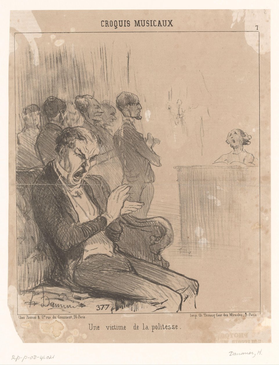 Mannen applauderer, mens han gjesper, for en sanger bak et piano Une victime de la politesse (tittel på objekt) Musikkopptredener (serietittel) Croquis musicaux (serietittel på objekt) av Honoré Daumier