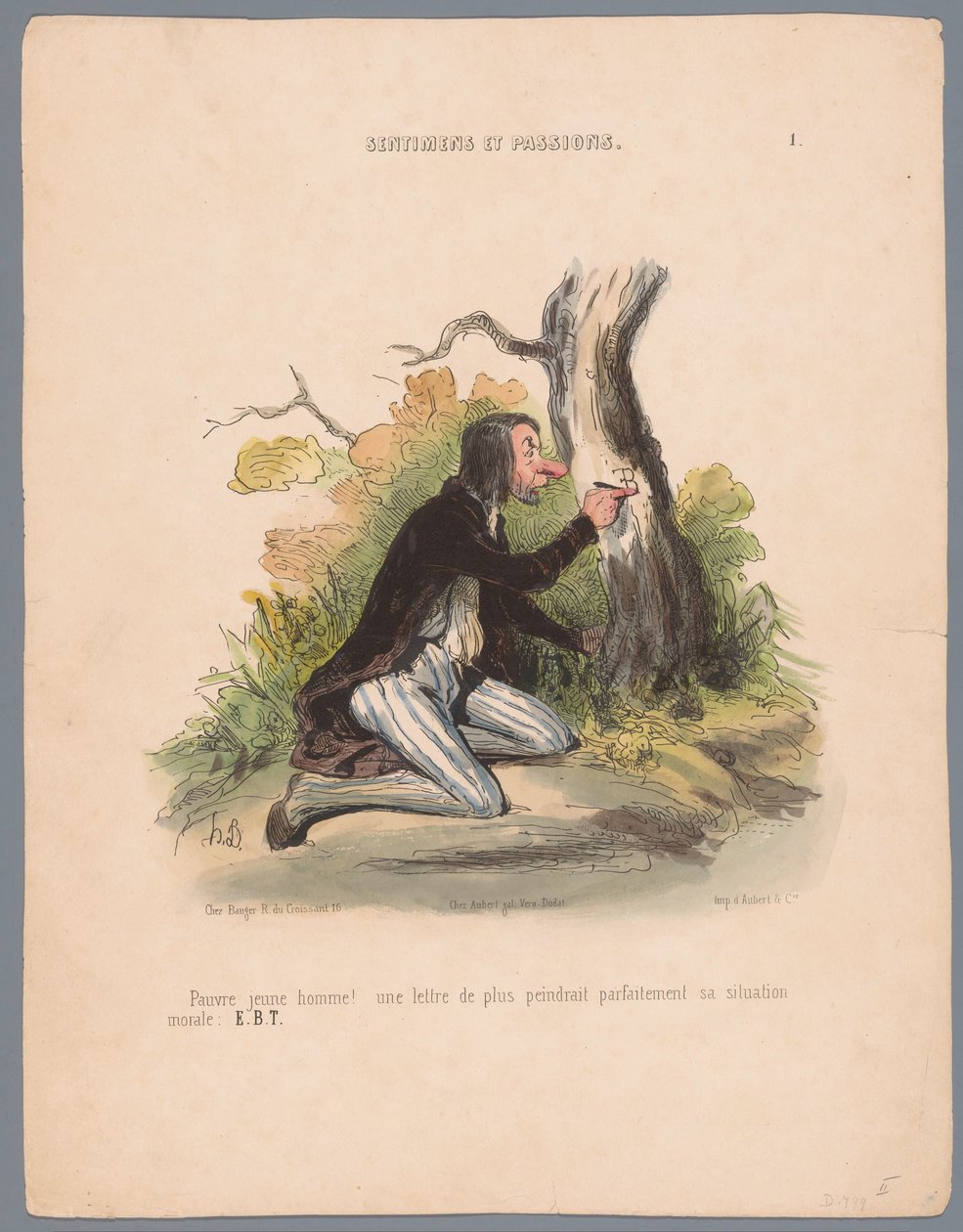 Mann skjærer initialer i trebark Pauvre jeune homme! (...) (tittel på objekt) Lidenskaper og følelser (serietittel) Sentimens et passions (serietittel på objekt) av Honoré Daumier