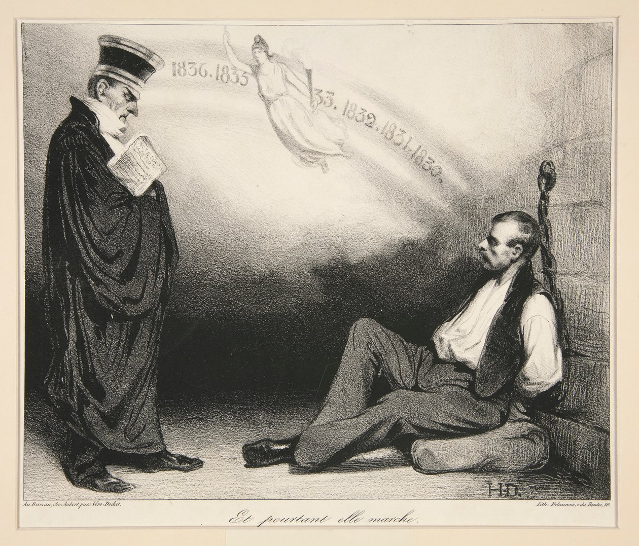 Moderne Galilea. Og likevel går hun. (A Modern Galileo. Og likevel beveger hun seg), pl. 436 fra tidsskriftet La Caricature nr. 209 av Honoré Daumier