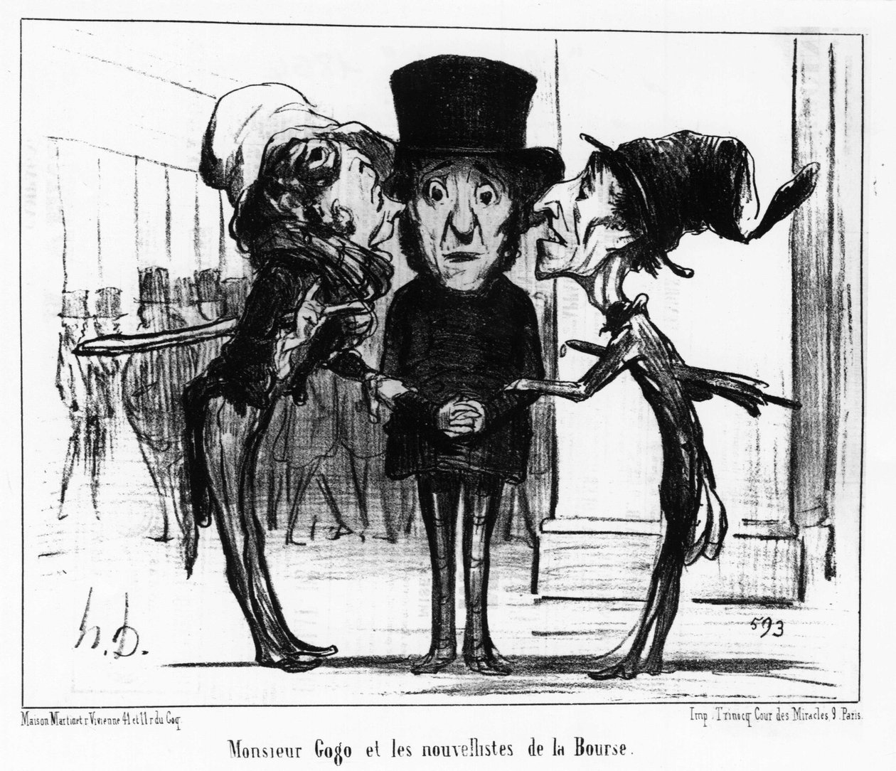Monsieur Gogo og nyhetslistene til børsen: serie tegneserier hentet fra "" News", på børsen og en gogo av Honore Daumier (1808-1879). “Charivari” av Honoré Daumier