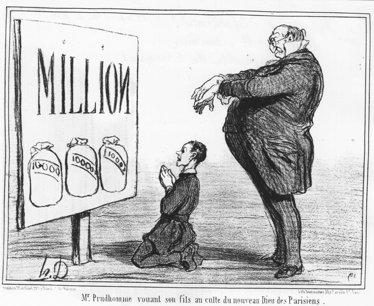 Monsieur Prudhomme som dedikerer sin sønn til kulten av den nye parisernes gud: hentet fra "" News", en serie tegneserier om sølvkulten av Honore Daumier (1808-1879). Charivari av Honoré Daumier