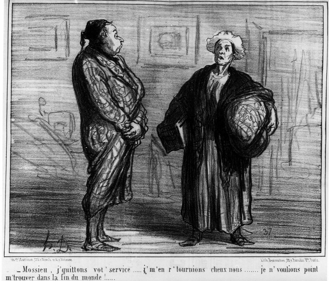Mossieu, jeg forlater din tjeneste... Jeg ville ikke være i verdens ende!... Tegneserie av Honore Daumier (1808-1879). “Charivari” av Honoré Daumier