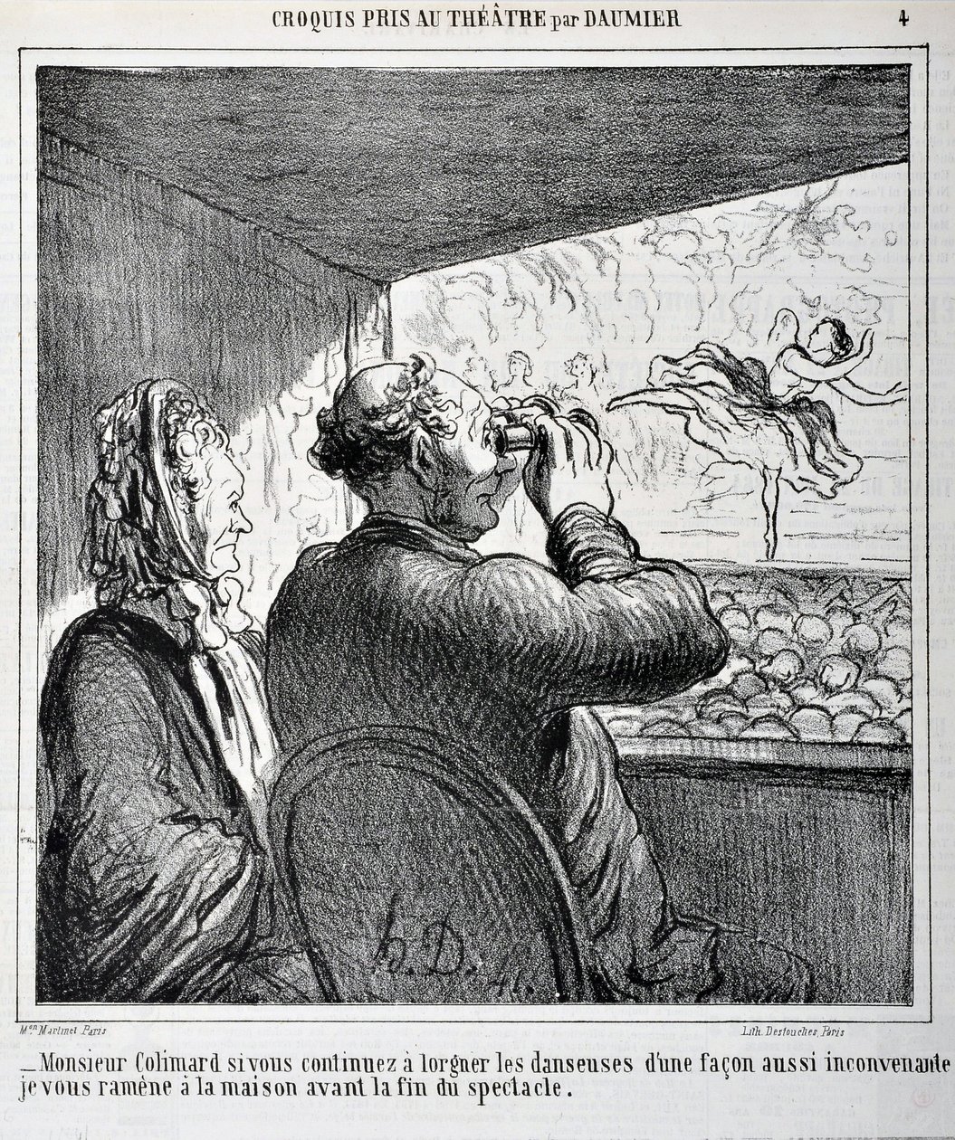 Mr. Colimard, hvis du fortsetter å se på danserne på en så upassende måte, tar jeg deg med hjem før showet slutter. Gravering av Honore Daumier (1808-1879) i "" Le Charivari"". Arkstørrelse: 24,6x36cm. Palais Longchamp, Musee des Beaux Arts de Mar av Honoré Daumier