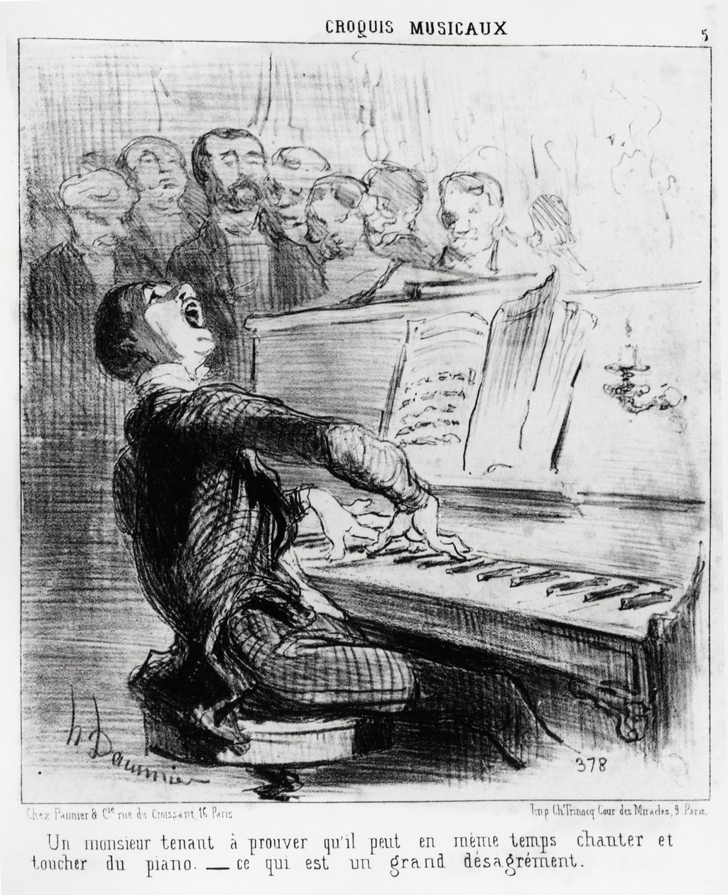 Musikalske sketsjer: en gentleman som er opptatt av å bevise at han samtidig kan synge og ta på pianoet, noe som er veldig skammelig. Illustrasjon av Honore Daumier (1808-1879), publisert i "" Charivari"", dato 17. februar 1852. av Honoré Daumier
