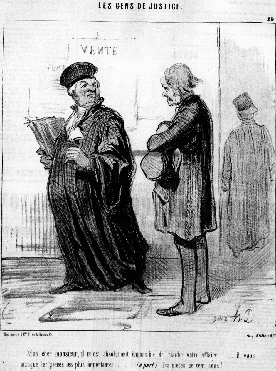 Min kjære herr, det er absolutt umulig for meg å glede din virksomhet... du savner de viktigste brikkene... (bortsett fra) myntene!... , fra "Gens de Justice", tegneserieserie om Justice av Honore Daumier (1808-1879). “Charivari” av Honoré Daumier