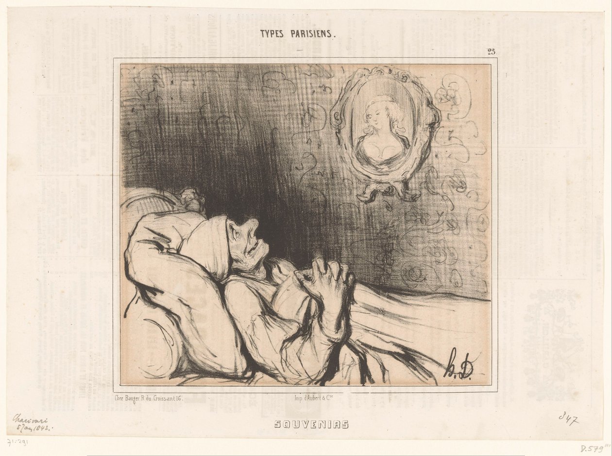 Gammel mann i senga stirrer på portrett av ung kvinne Suvenirer (tittel på objekt) Parisiske typer (serietittel) Typer Parisiens (serietittel på objekt) av Honoré Daumier