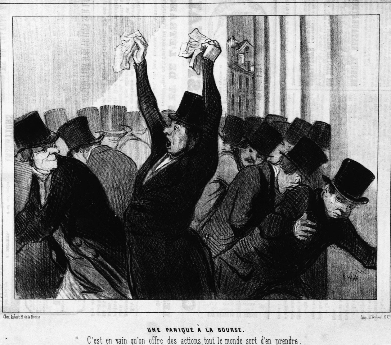 Panikk på aksjemarkedet. Det var forgjeves at aksjer ble tilbudt, alle tok fra dem: fra "" Actualites", en serie tegneserier på Honore Daumier-børsen (1808-1879). Charivari av Honoré Daumier