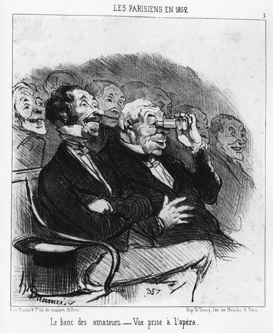 Parisere i 1852: benken til amatører, utsikt tatt på operaen. Illustrasjon d