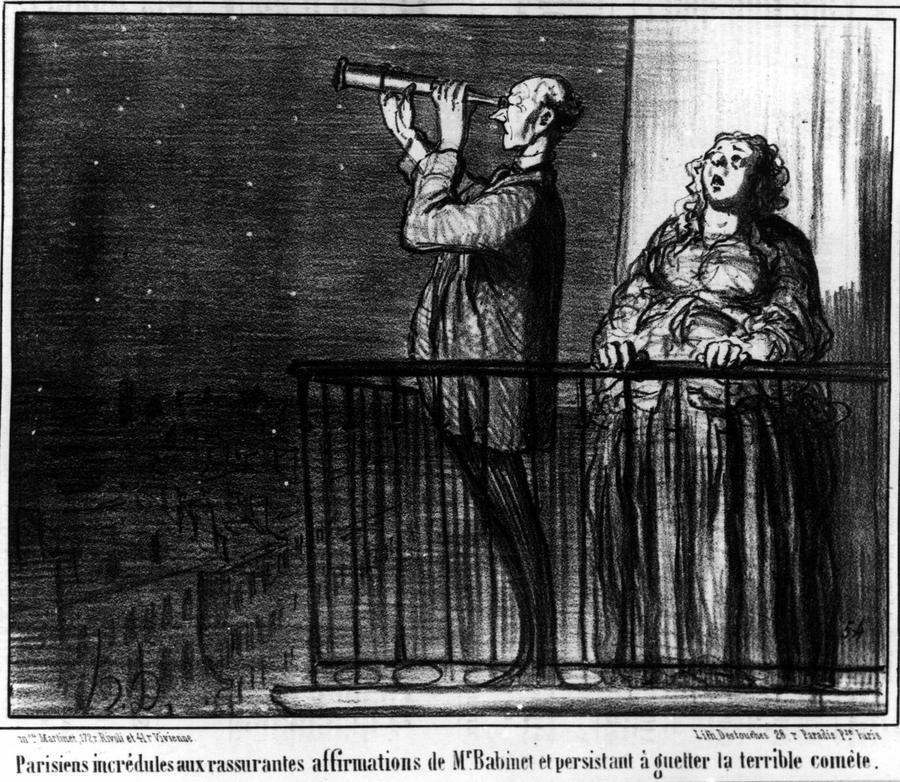 Parisere som er vantro til Monsieur Babients betryggende påstander og iherdig å se etter den forferdelige kometen, karikatur av Honore Daumier (1808-1879). "Charivari". av Honoré Daumier