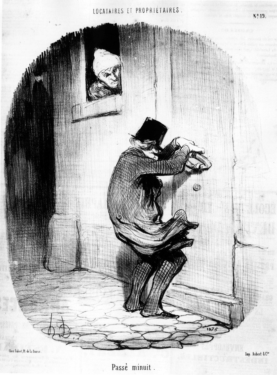 Passerte midnatt. mann som returnerer sent til leietakeren, fra "" Tenants et Owners", tegneserieserie av Honore Daumier (1808-1879). “Charivari” av Honoré Daumier