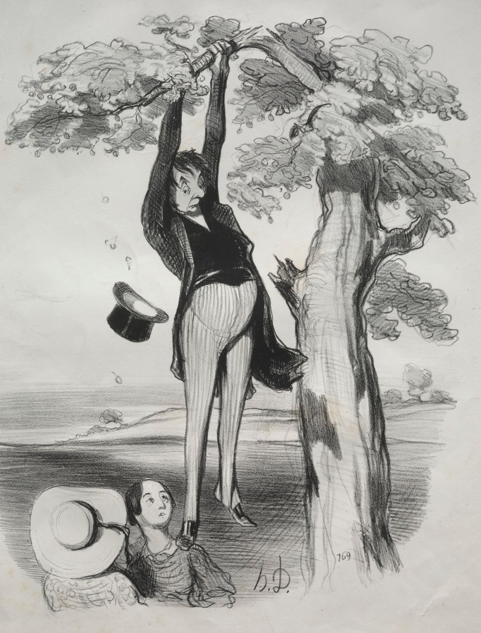 Pastorales, plate 2: Farene ved å riste et plommetre for kraftig..., 1845. av Honoré Daumier