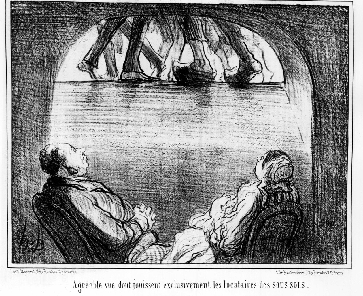 Hyggelig utsikt utelukkende nytes av leietakerne i kjellerne, hentet fra "" Tenants et Owners"", tegneserieserie av Honore Daumier (1808-1879). “Charivari” av Honoré Daumier