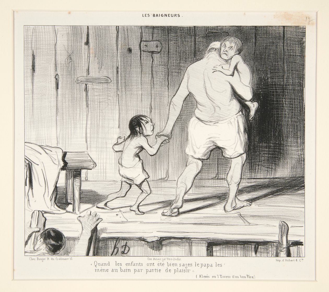 Når barna har vært veloppdragne, tar faren dem med på badet for moro skyld, fra Les Baigneurs av Honoré Daumier
