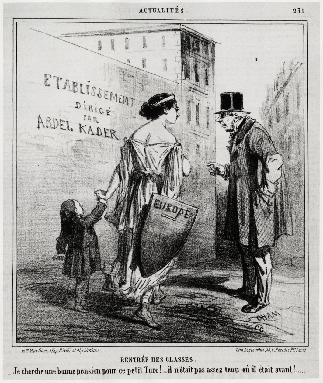 Leieklasser: Jeg leter etter en god pensjon for denne lille tyrkiske gutten!... Han var ikke sprek nok, eller han var det før. Noen dager etter at de franske og engelske troppene gikk inn i Tyrkia (18. oktober 1860). Illustrasjon av Honore Daumier (1808-18 av Honoré Daumier