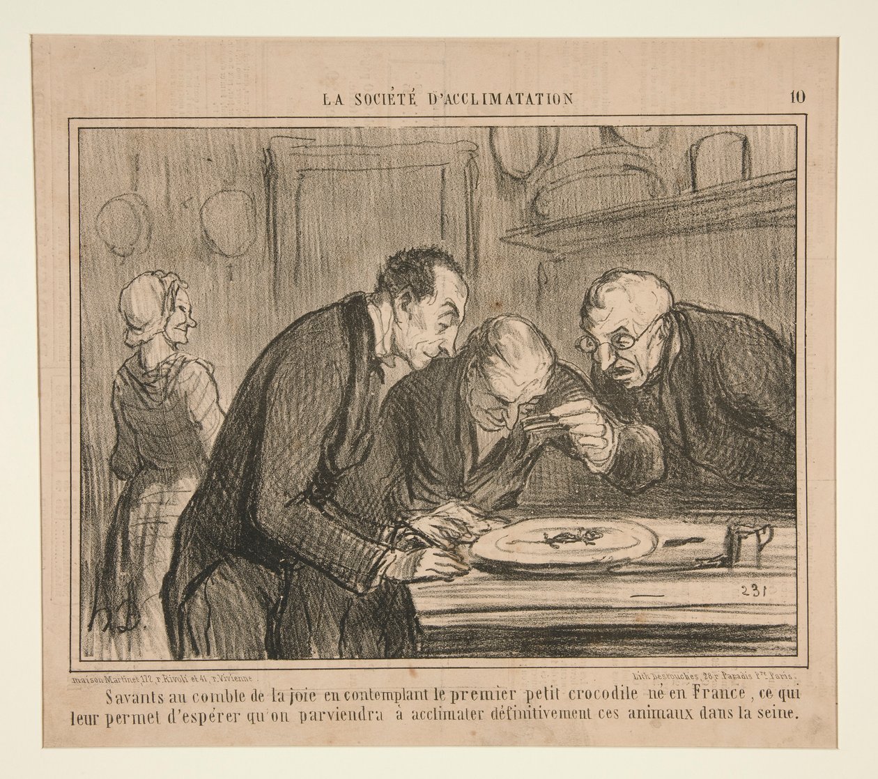 Forskere på høyden av glede overveier den første lille krokodillen av Honoré Daumier