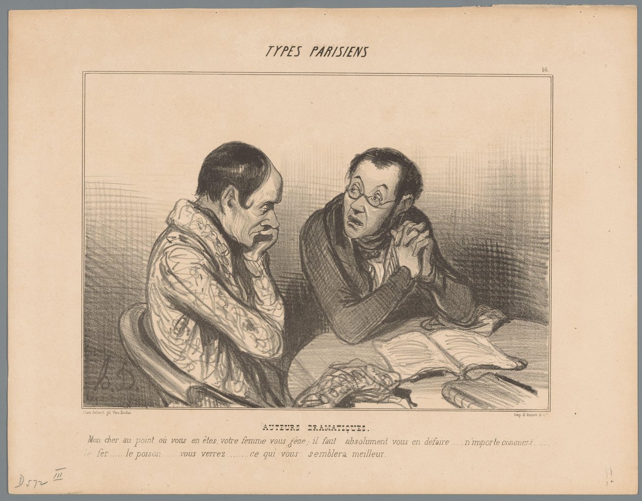 Forfatter råder kollega til å kvitte seg med kona Dramatiske forfattere (tittel på objekt) Parisiske typer (serietittel) Typer Parisiens (serietittel på objekt) av Honoré Daumier