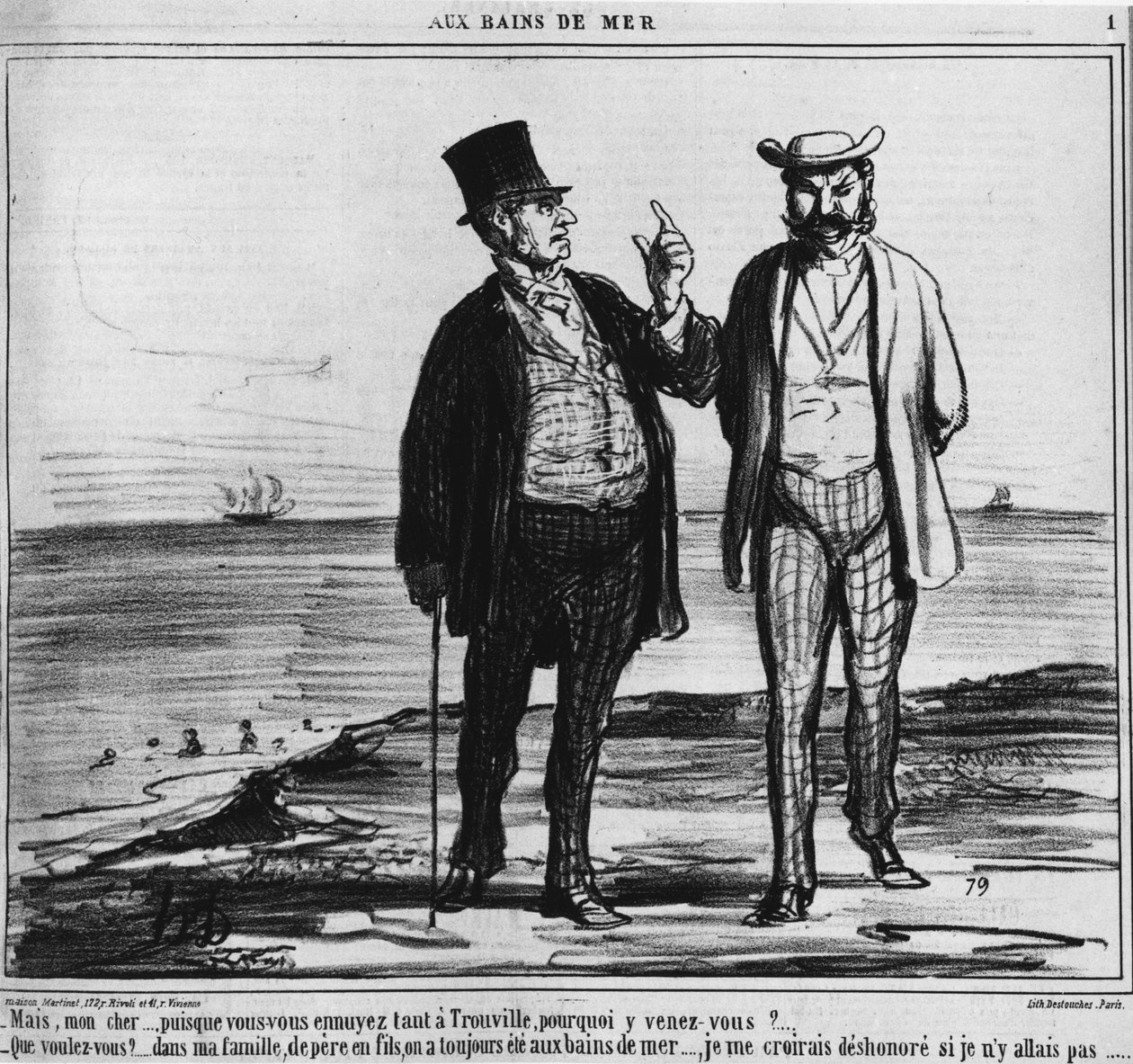 Bader ved sjøen: Parisere på en Trouville-strand med vekten av tradisjoner og familievaner - av Honore Daumier, i "" Charivari"" fra 25.08.1859 av Honoré Daumier