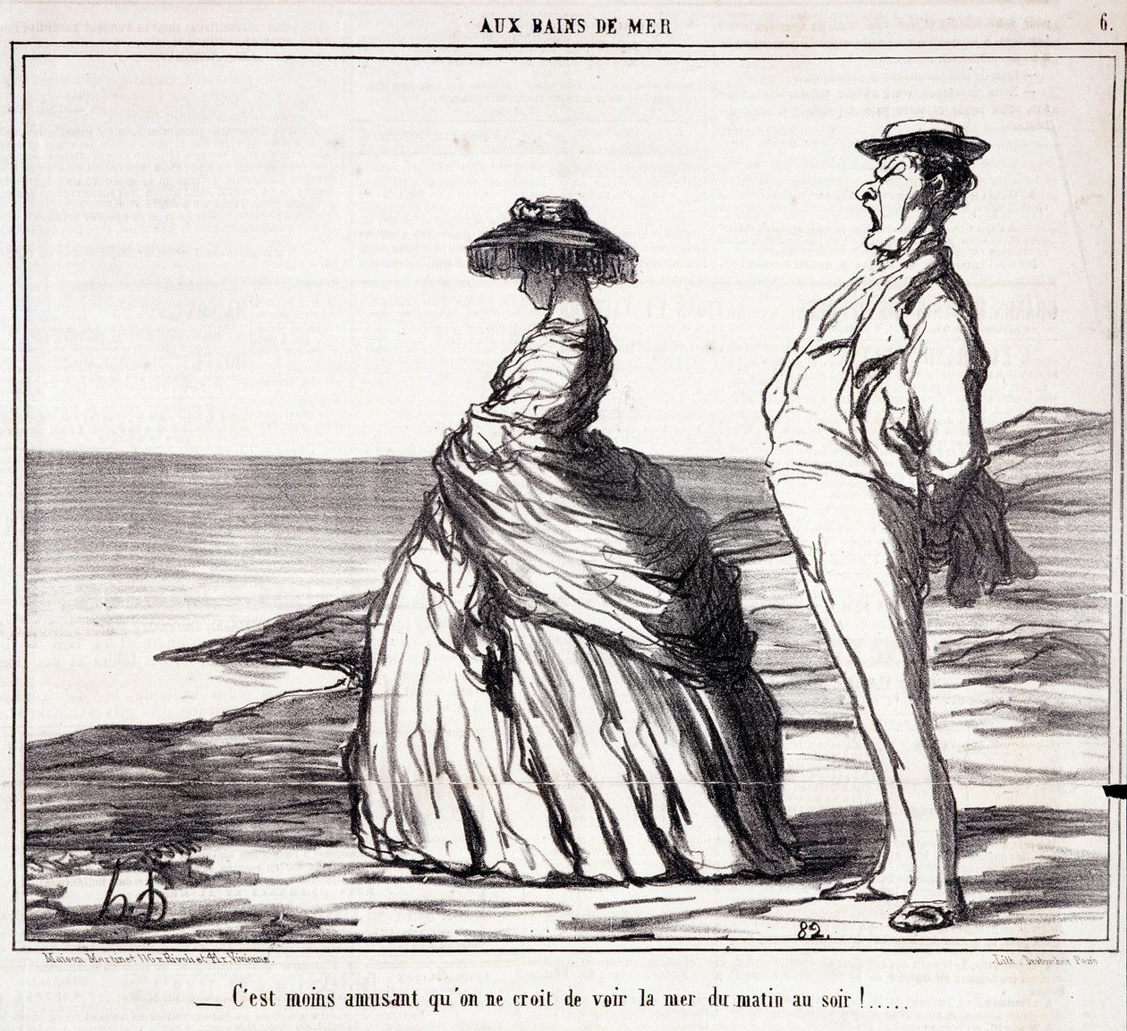 Serie “” Les Bains de Mer””: “” Det er mindre morsomt enn du tror å se havet fra morgen til kveld! "" Tegneserie om turister på ferie. Gravering av Honore DAUMIER (1808-1879). Utdrag fra avisen "" Le Charivari"" 9. september av Honoré Daumier